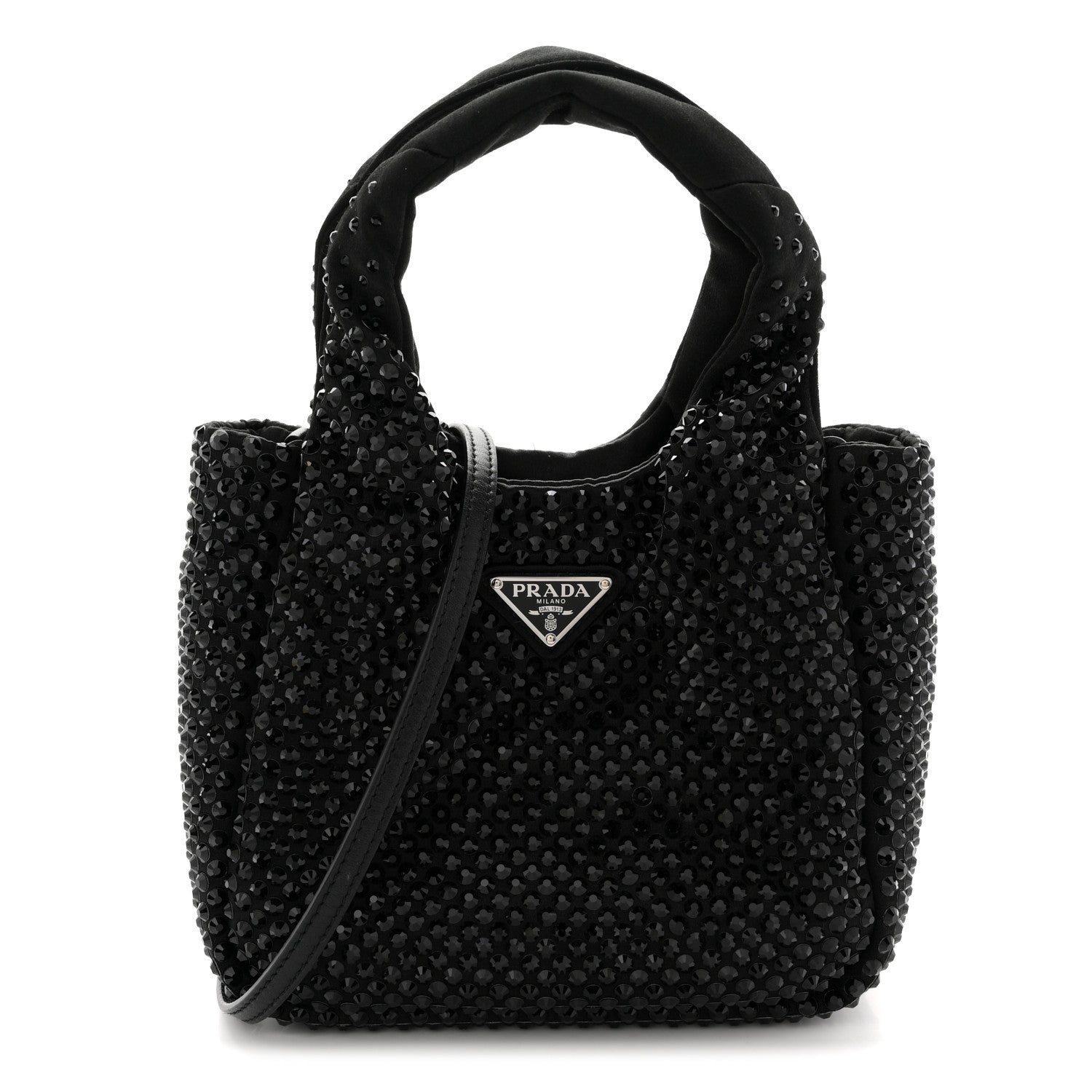 Prada Satin Crystal Soft Padded Small Double Handled Shoulder Bag Black