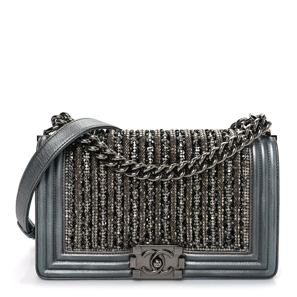 Chanel Metallic Lambskin Glass Pearl Embroidered Medium Boy Flap  Silver