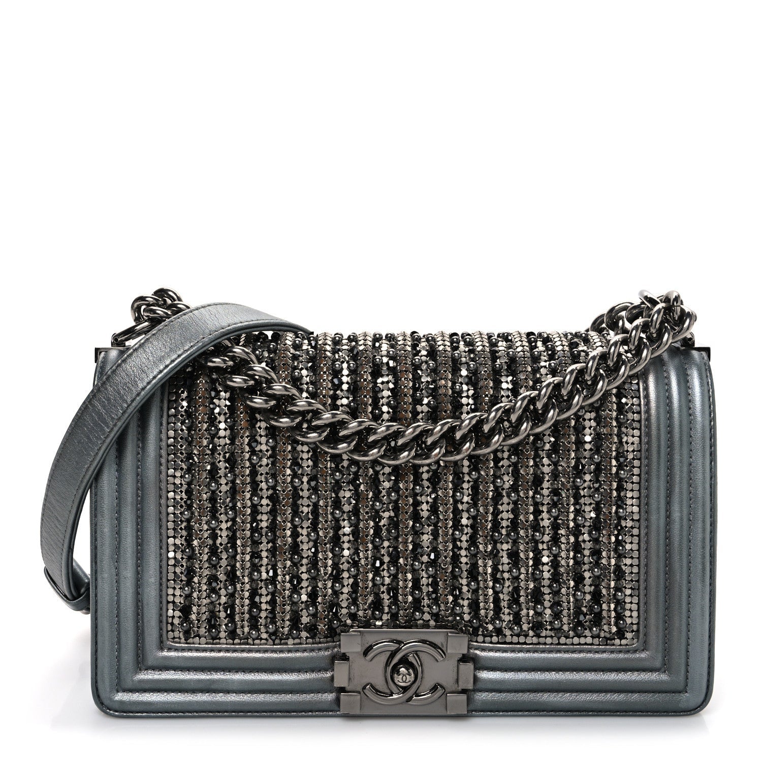 Chanel Metallic Lambskin Glass Pearl Embroidered Medium Boy Flap  Silver
