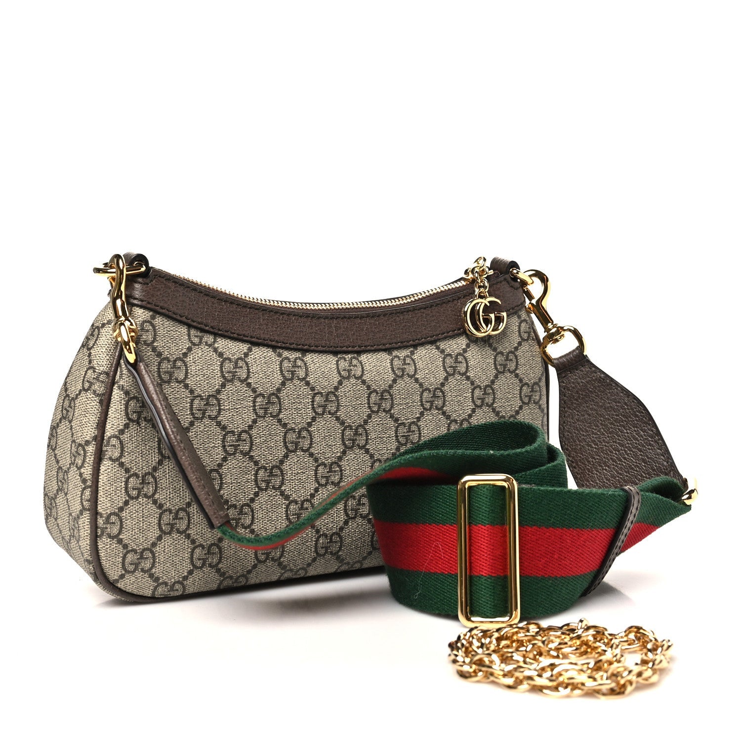Gucci GG Supreme Monogram Textured Dollar Calfskin Web Small Ophidia GG Handbag Beige Ebony New Acero
