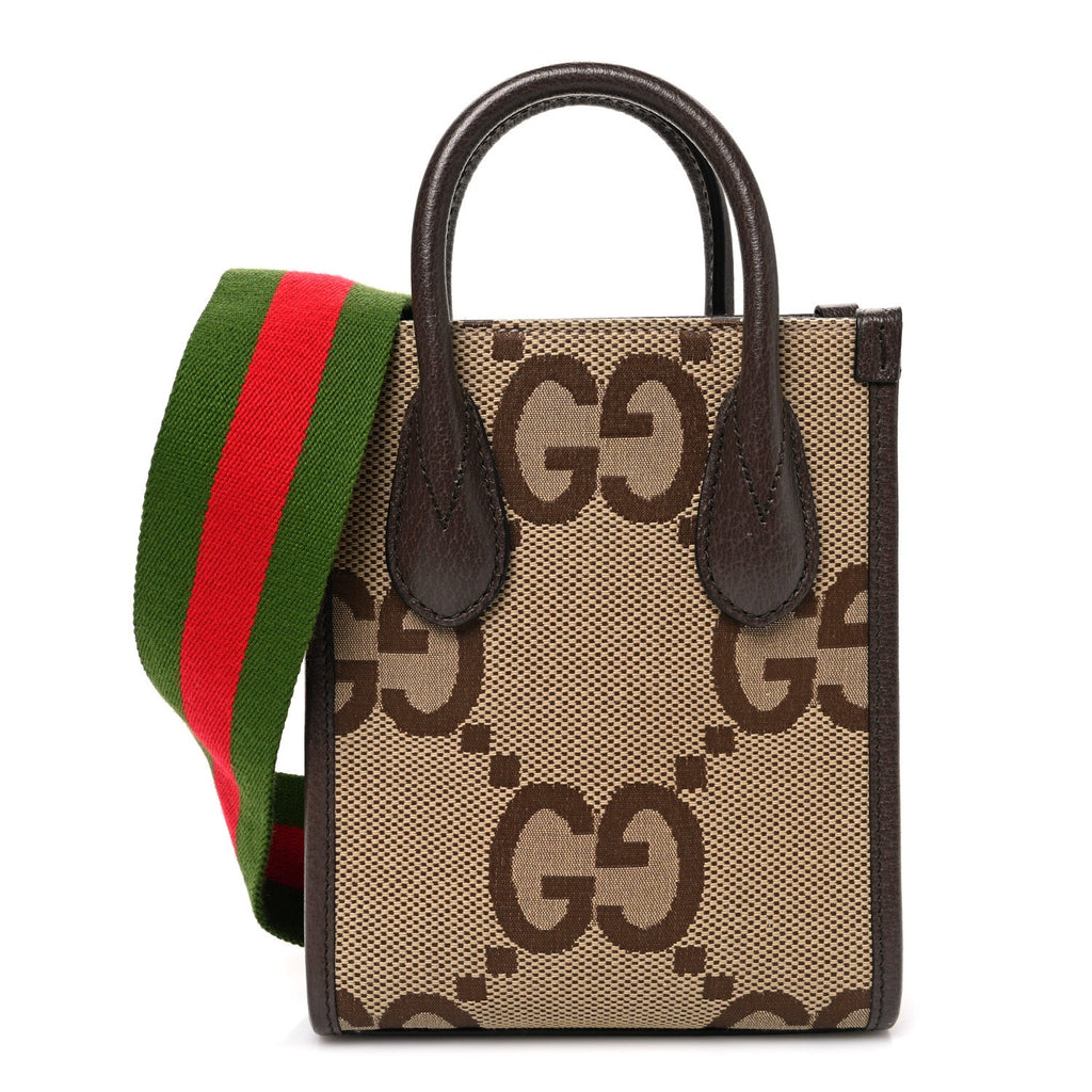 Gucci Monogram Jumbo GG Textured Dollar Calfskin Web Mini Vertical Tote Camel Ebony New Acero