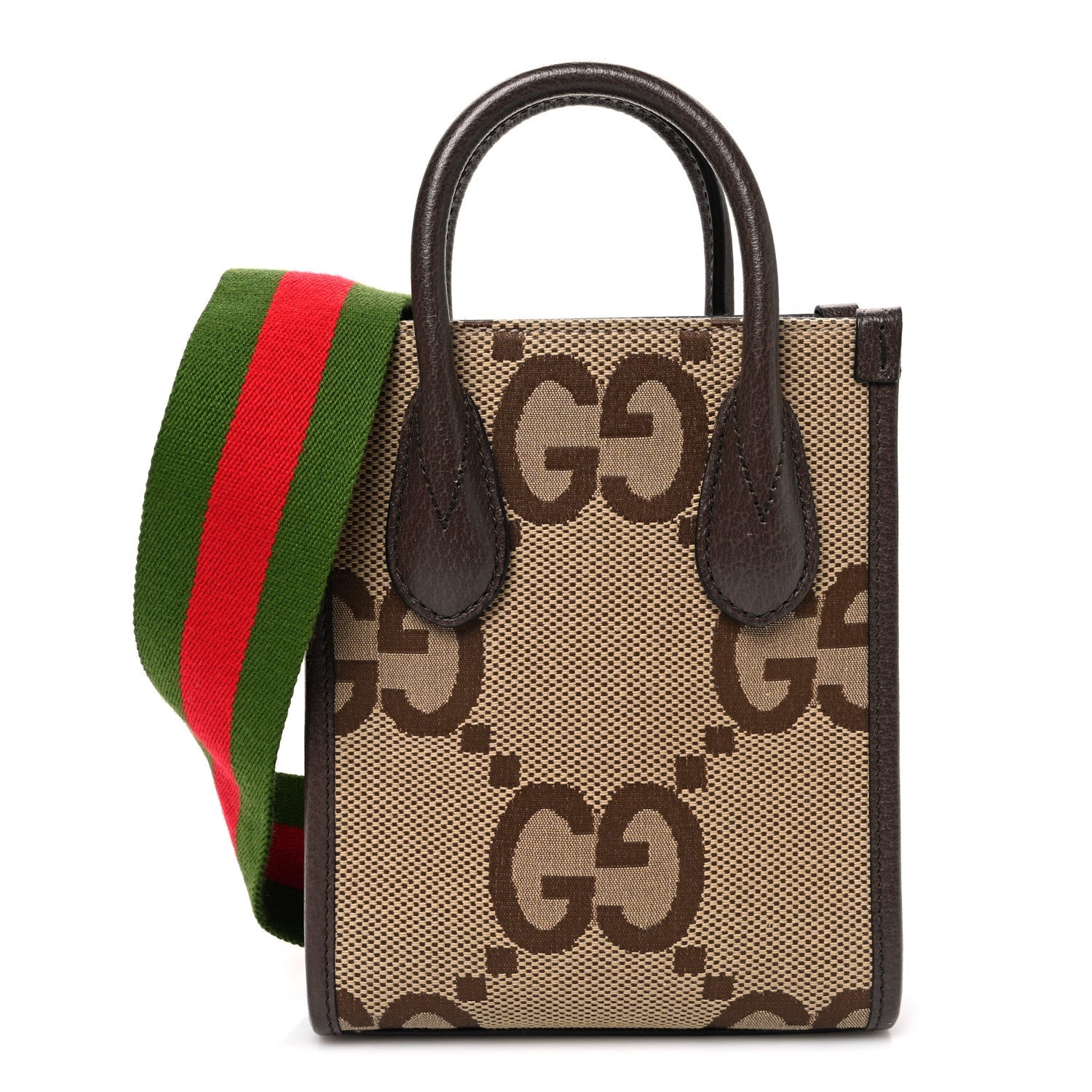 Gucci Monogram Jumbo GG Textured Dollar Calfskin Web Mini Vertical Tote Camel Ebony New Acero