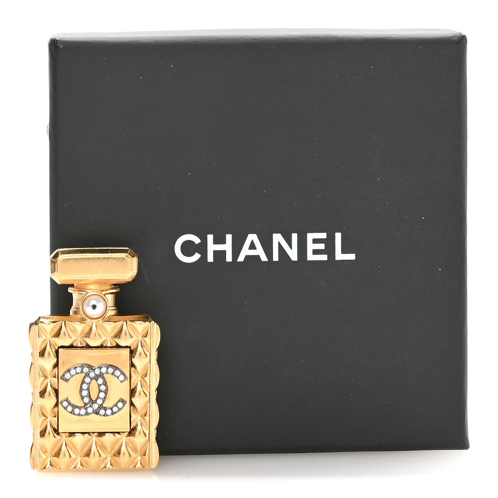Enamel Pearl Quilted Perfume Bottle CC Brooch Gold