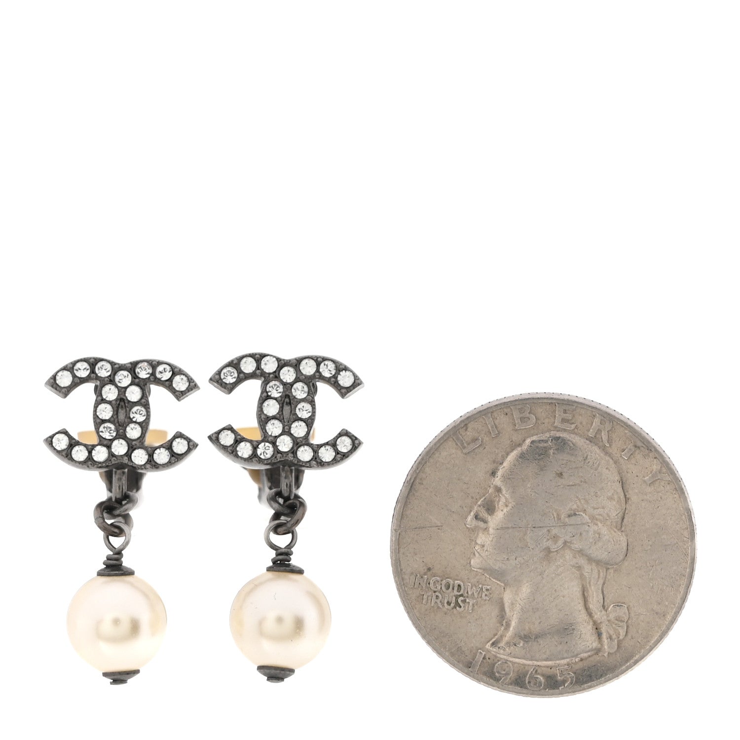 Pearl Crystal CC Drop Clip On Earrings Silver