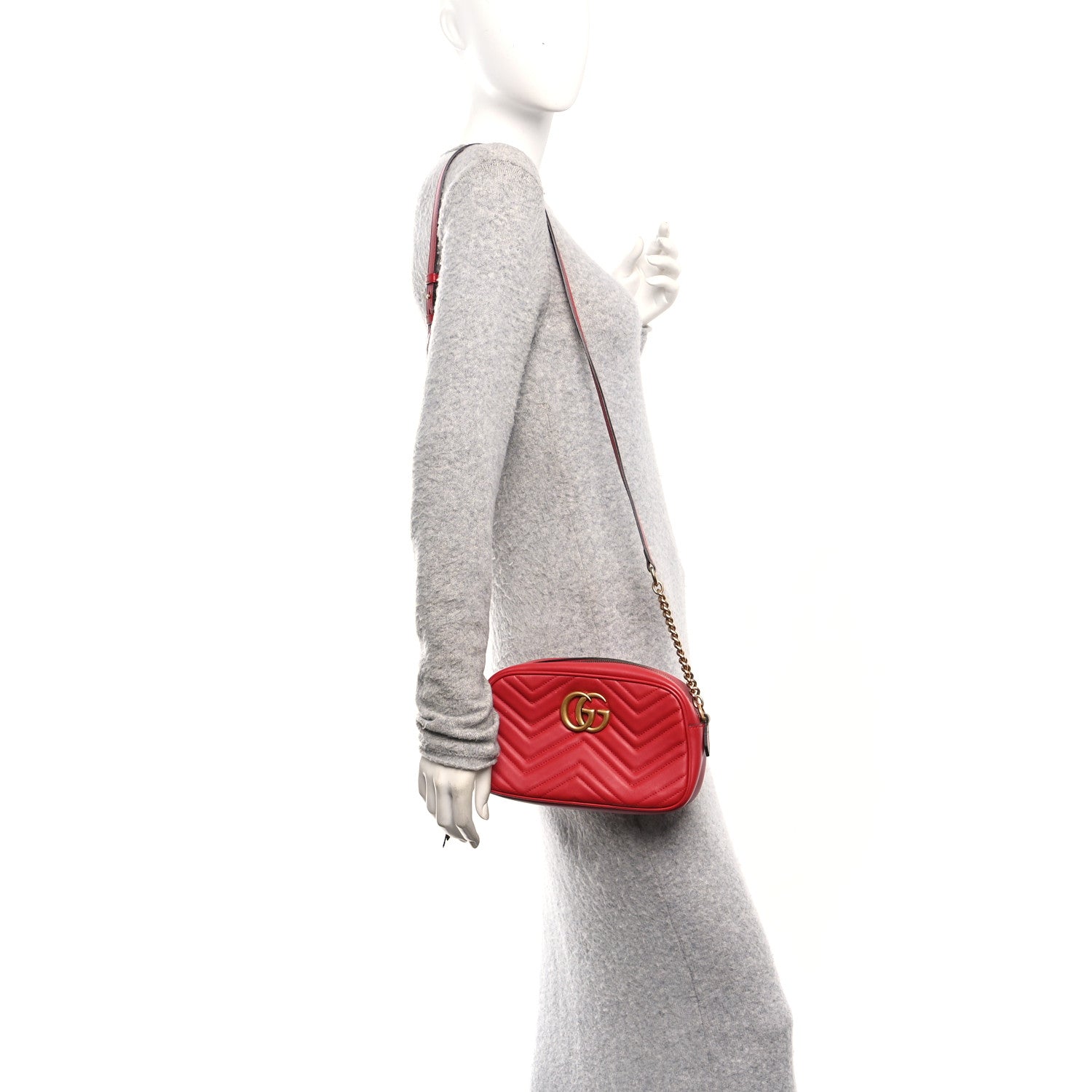 Gucci Calfskin Matelasse Small GG Marmont Chain Shoulder Bag Hibiscus Red