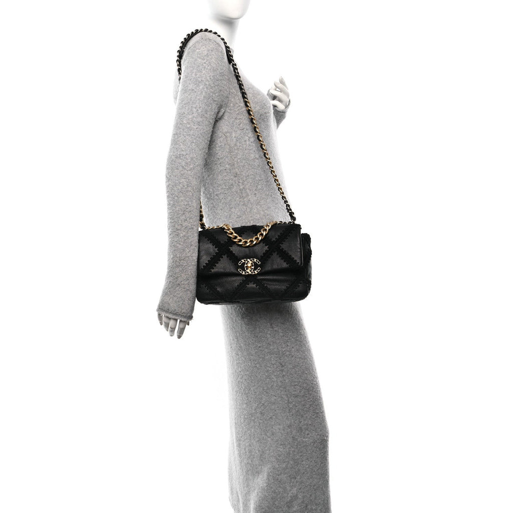 Chanel Calfskin Crochet Medium Chanel 19 Flap Black