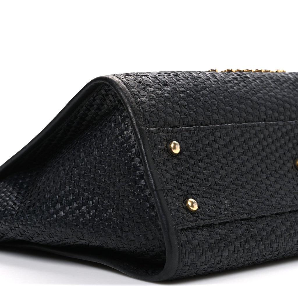 Chanel Straw Raffia Calfskin Chain Small Deauville Tote Black