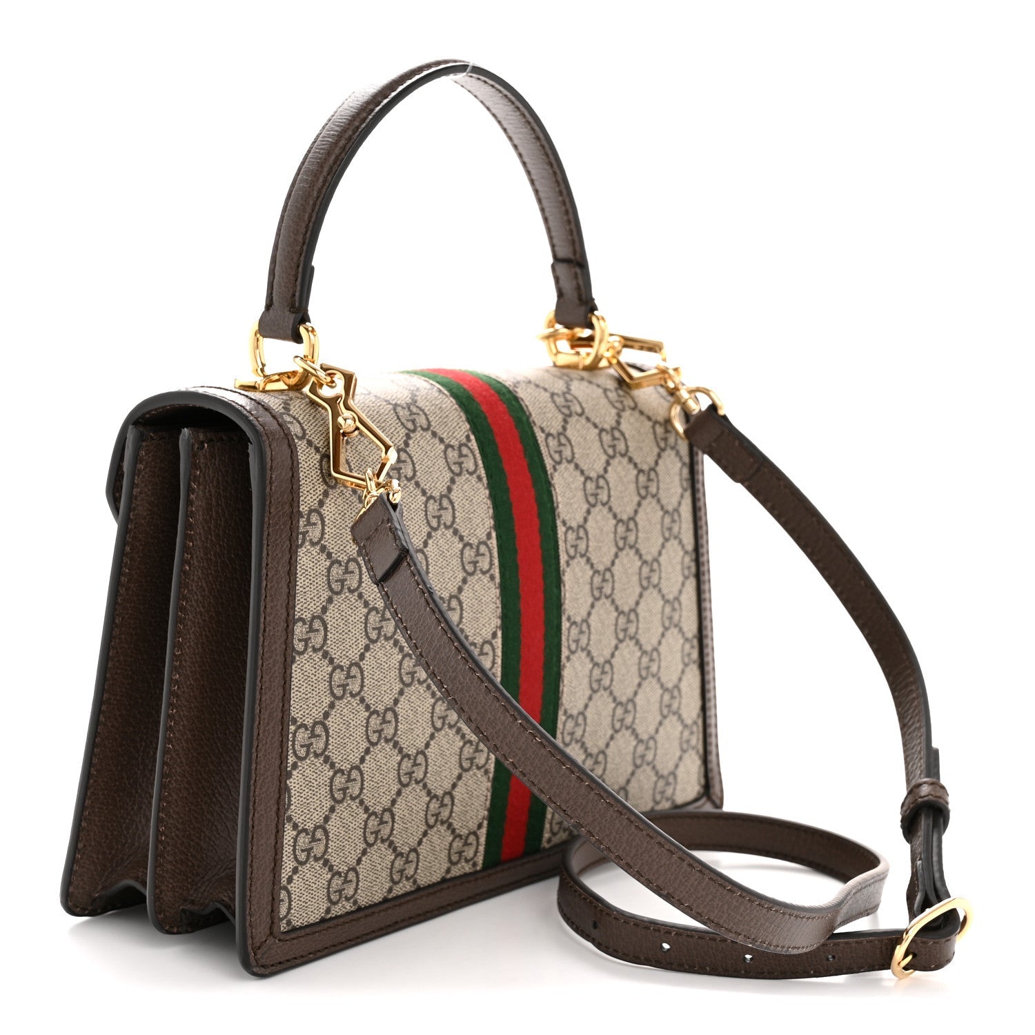 Gucci GG Supreme Monogram Textured Dollar Calfskin Web Small Ophidia Padlock Top Handle Bag Beige Ebony New Acero
