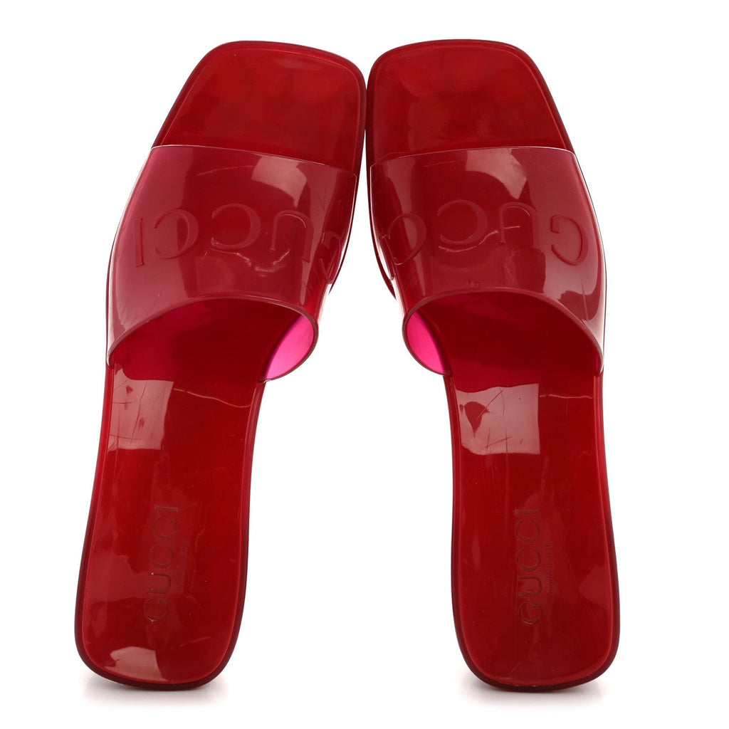 Gucci Rubber Gucci Logo Womens Platform 20/60mm Slide Sandals 38 Transparent Hibiscus Red