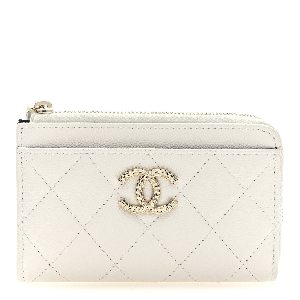 Caviar Quilted CC Logo Zip Around Card Holder White