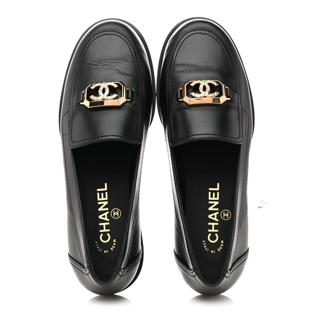 Chanel Shiny Calfskin Metal CC Mocassin Loafers 38.5 Black