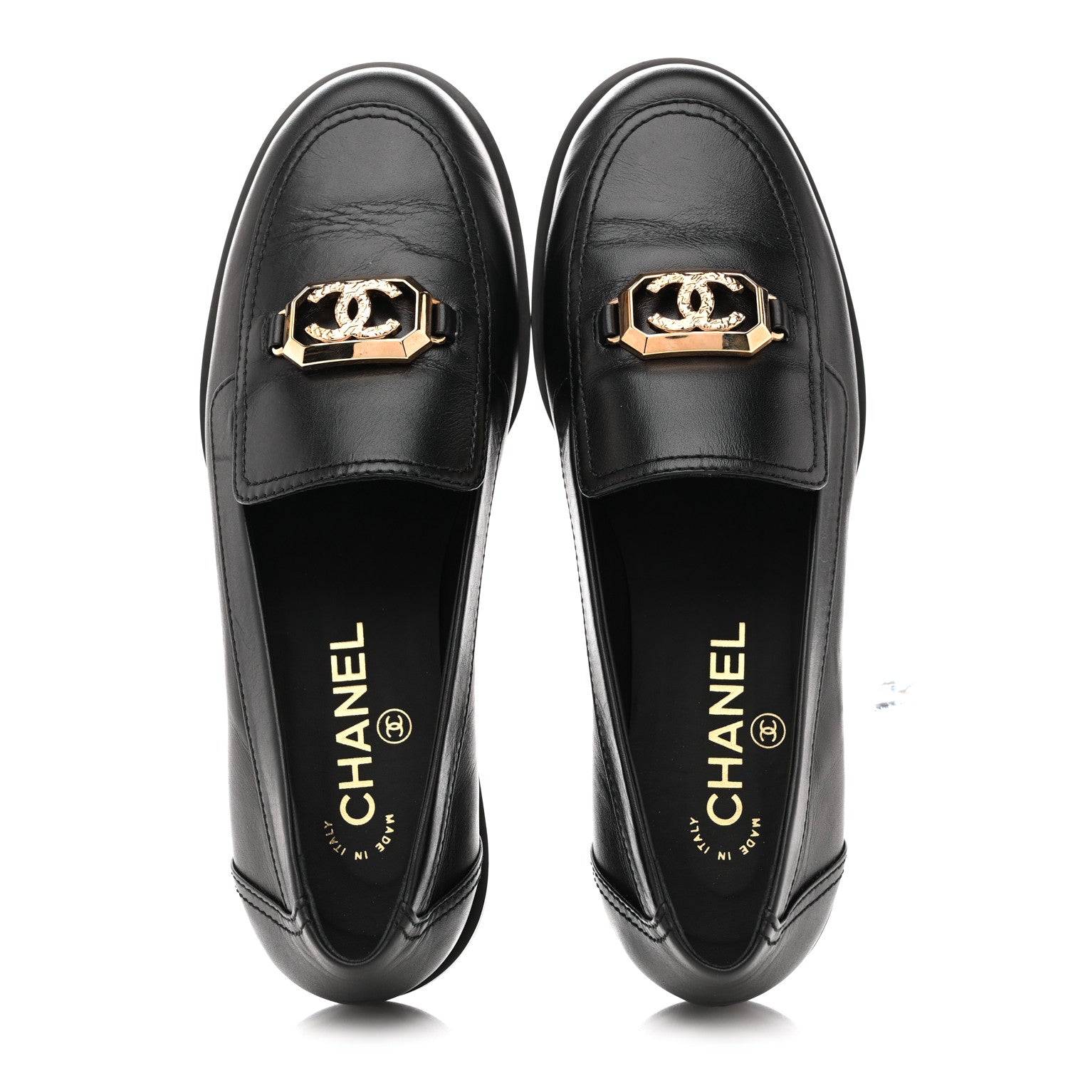 Chanel Shiny Calfskin Metal CC Mocassin Loafers 38.5 Black