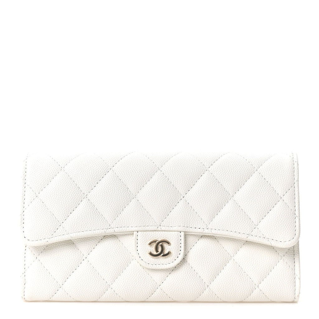 Caviar Quilted Large Gusset Flap Wallet White