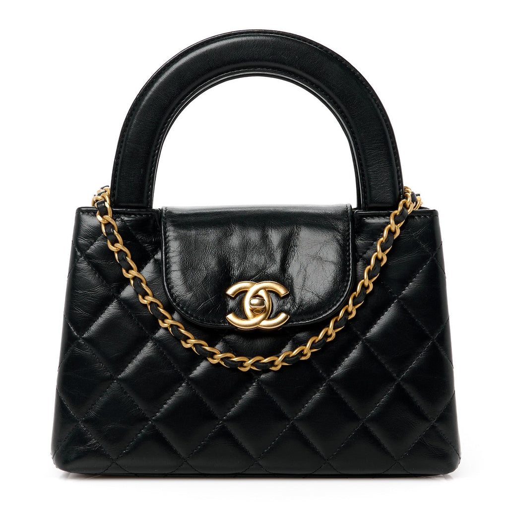 Chanel Shiny Aged Calfskin Quilted Nano Kelly Shopper Black