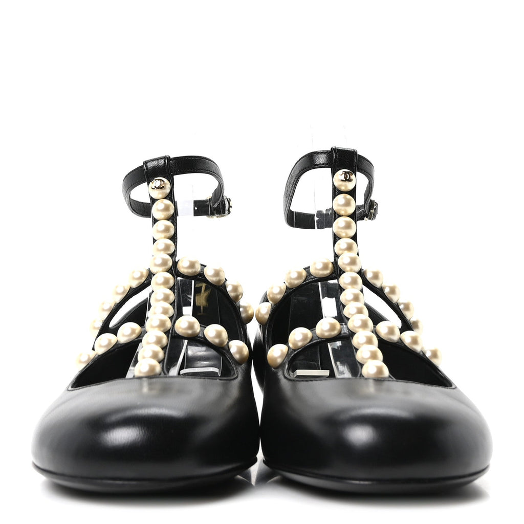 Goatskin Pearl Mary Janes Flats 35 Black