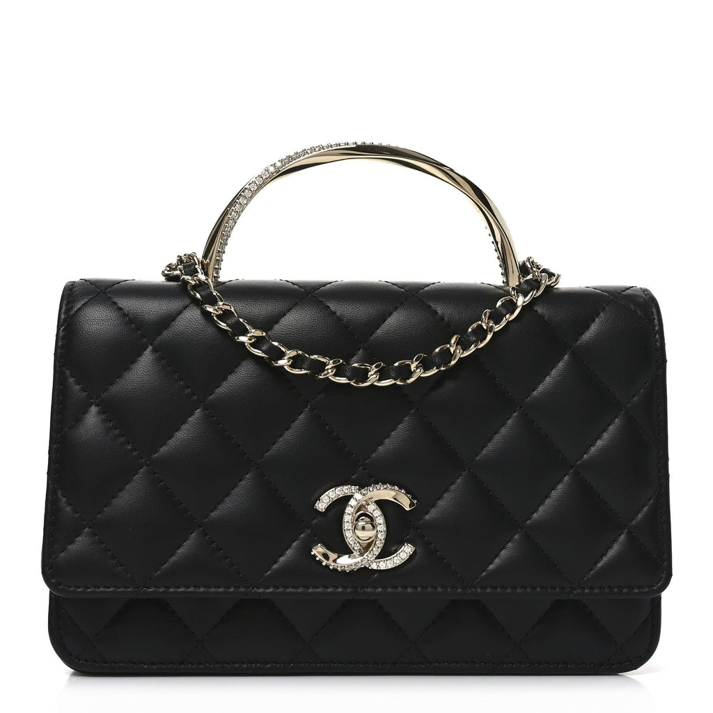 Chanel Lambskin Quilted Crystal Handle Wallet On Chain WOC Black