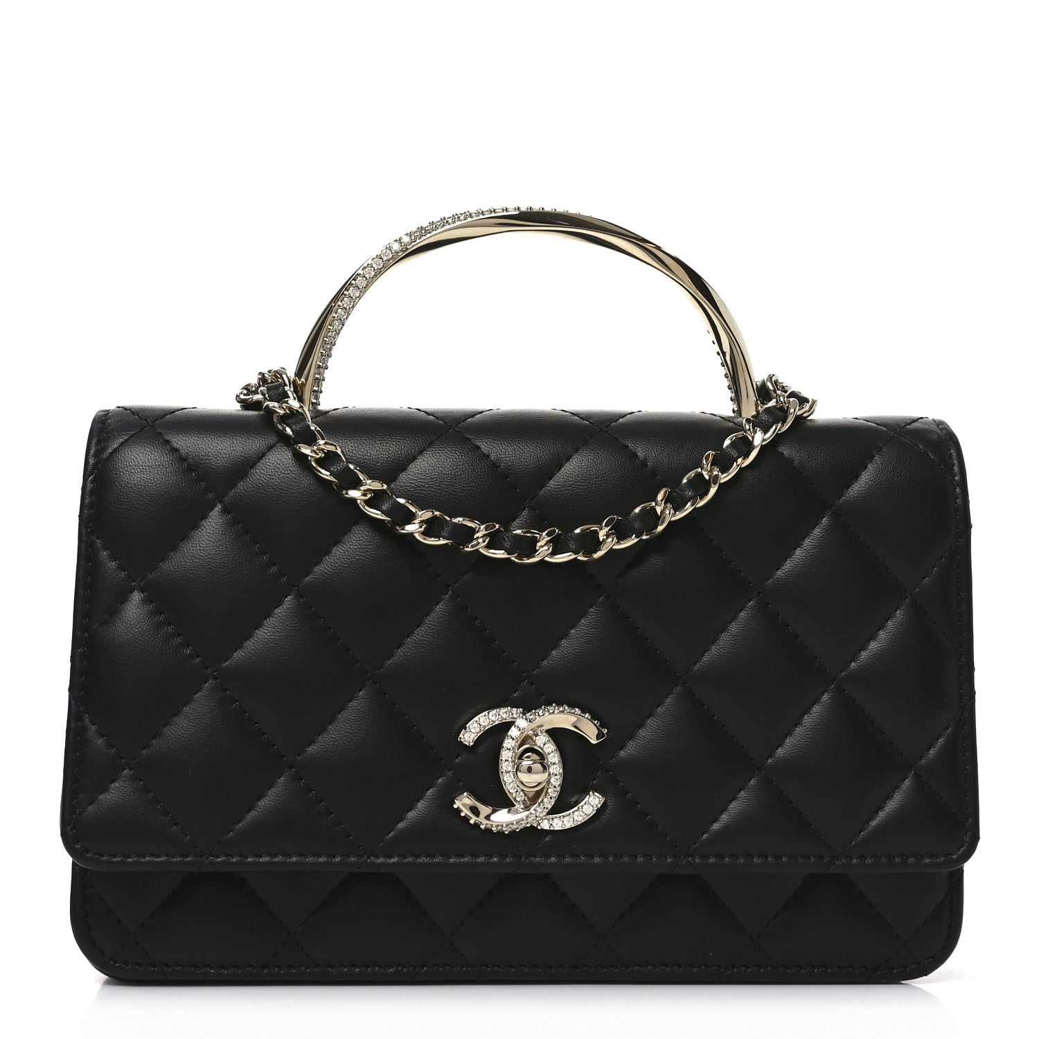 Chanel Lambskin Quilted Crystal Handle Wallet On Chain WOC Black