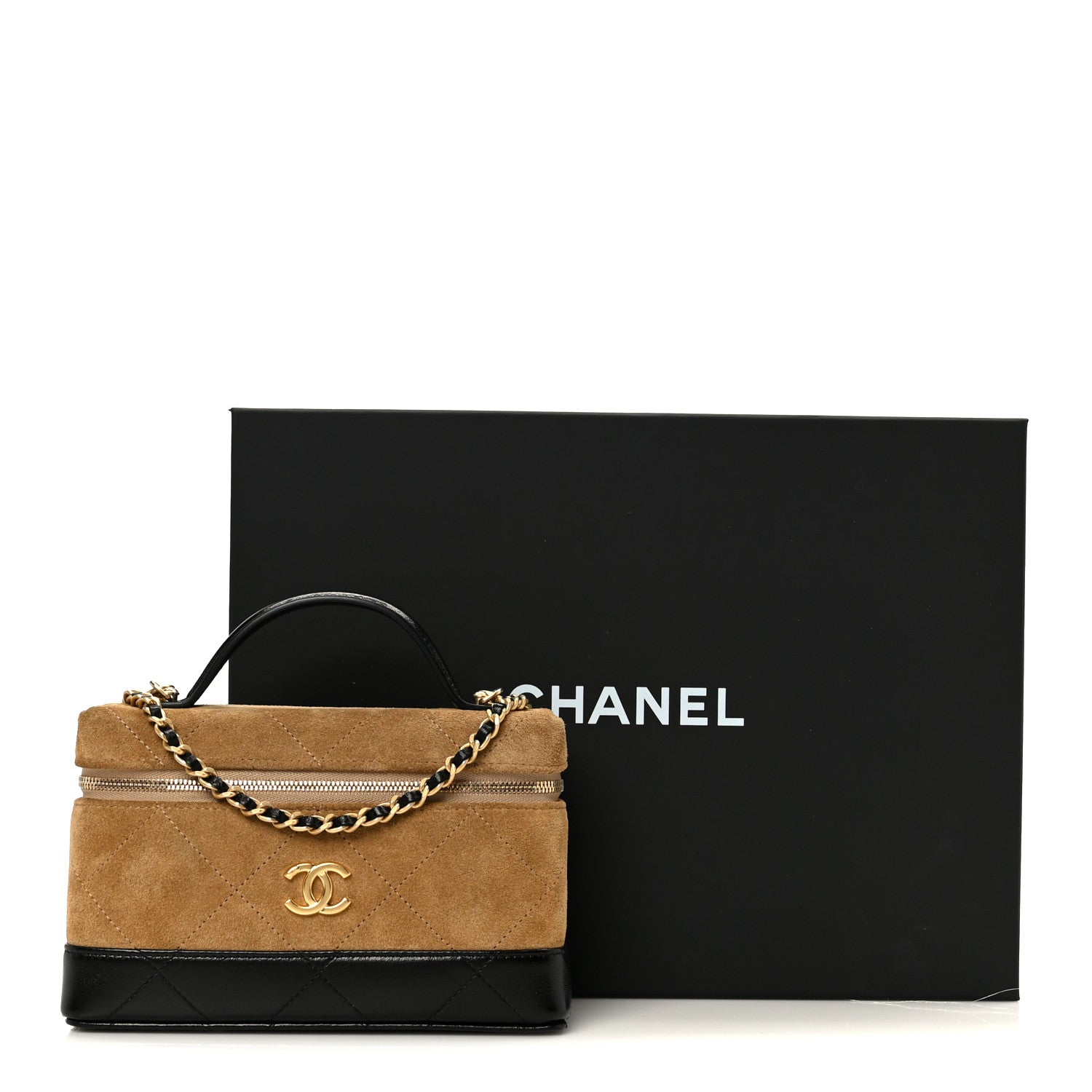Chanel Suede Calfskin Shiny Lambskin Stitched Top Handle Slim Vanity With Chain Beige Black