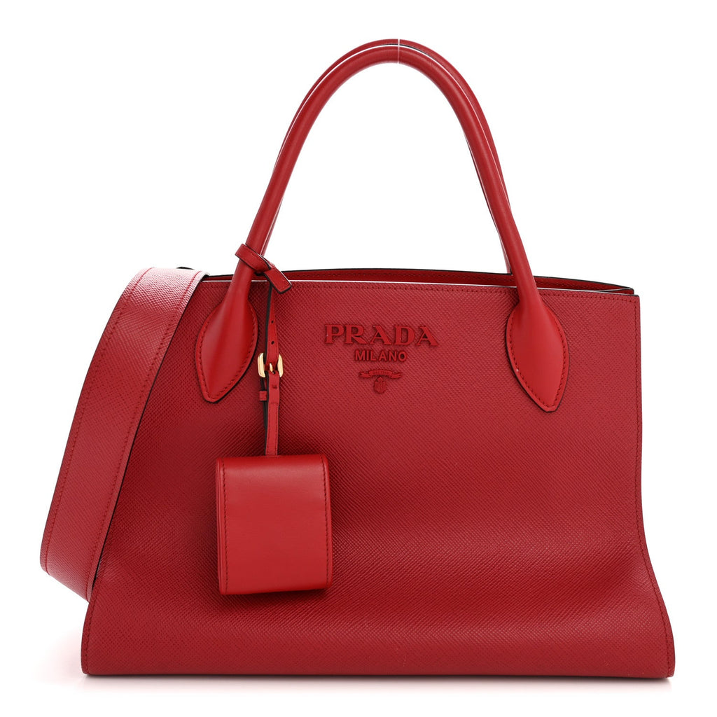 Prada Saffiano Cuir Calfskin Medium Monochrome Top Handle Tote Fuoco