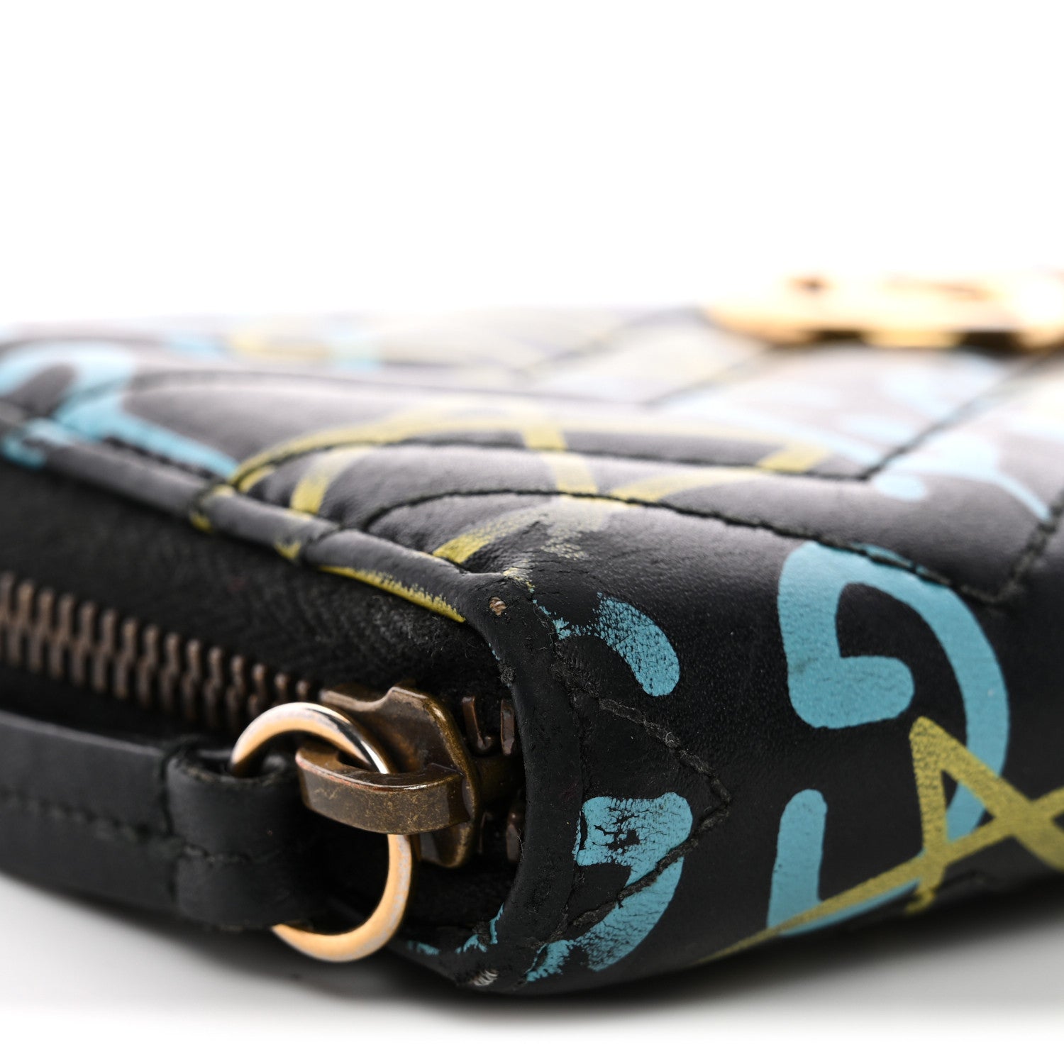 Gucci Calfskin Matelasse GucciGhost GG Marmont Zip Around Wallet Black New Acquamarine