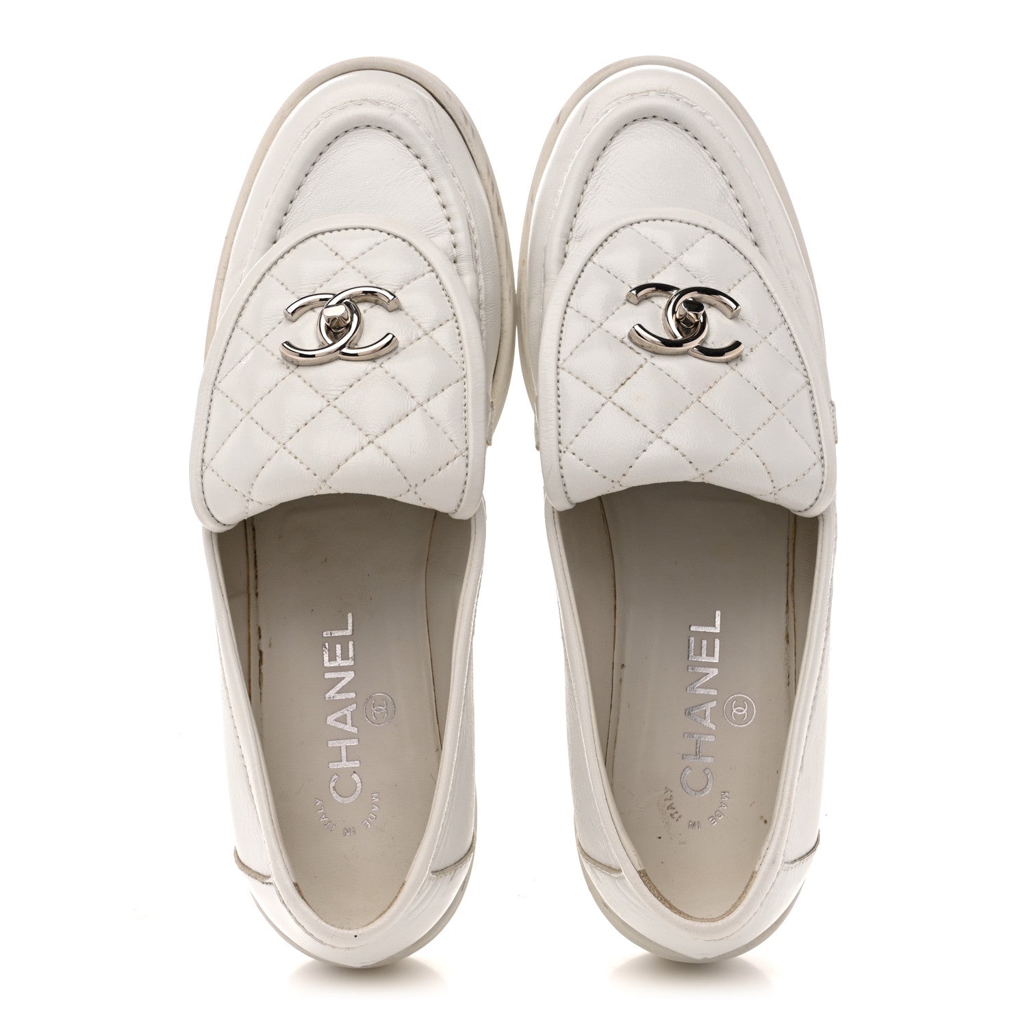 Chanel Shiny Lambskin Quilted CC Turnlock Loafers 40 White