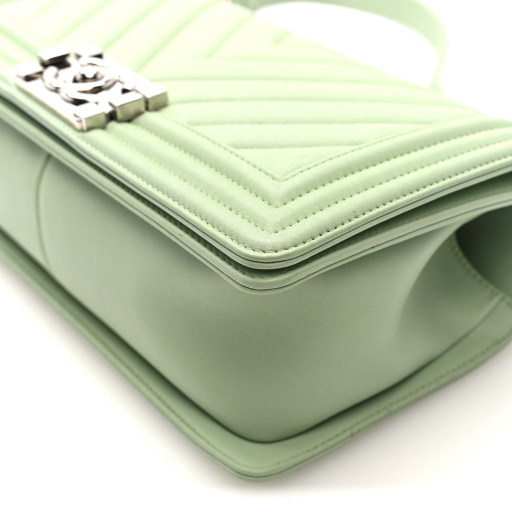 Chanel Calfskin Chevron Quilted Medium Boy Flap Light Green