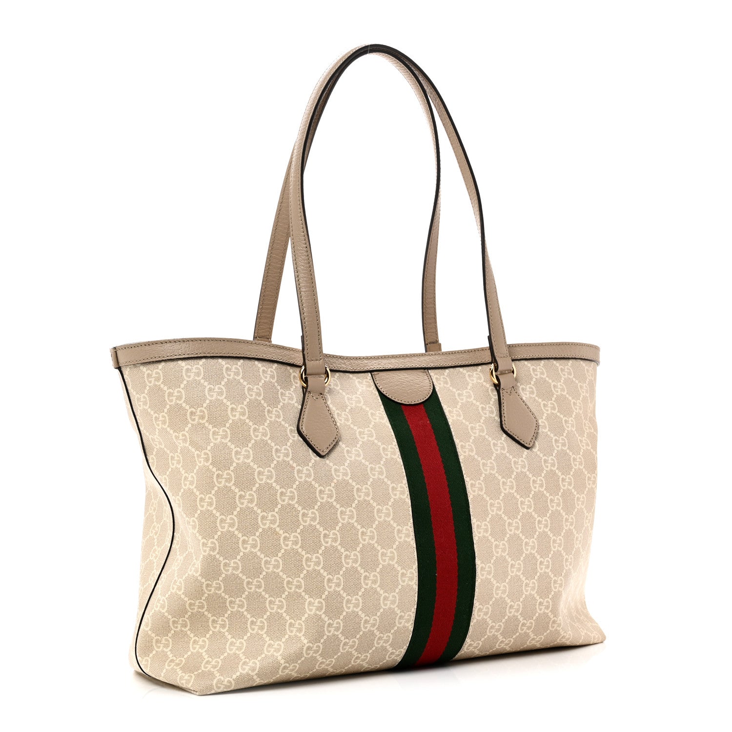 Gucci GG Supreme Monogram Textured Dollar Calfskin Web Medium Ophidia Shopping Tote Beige Mystic White Oatmeal