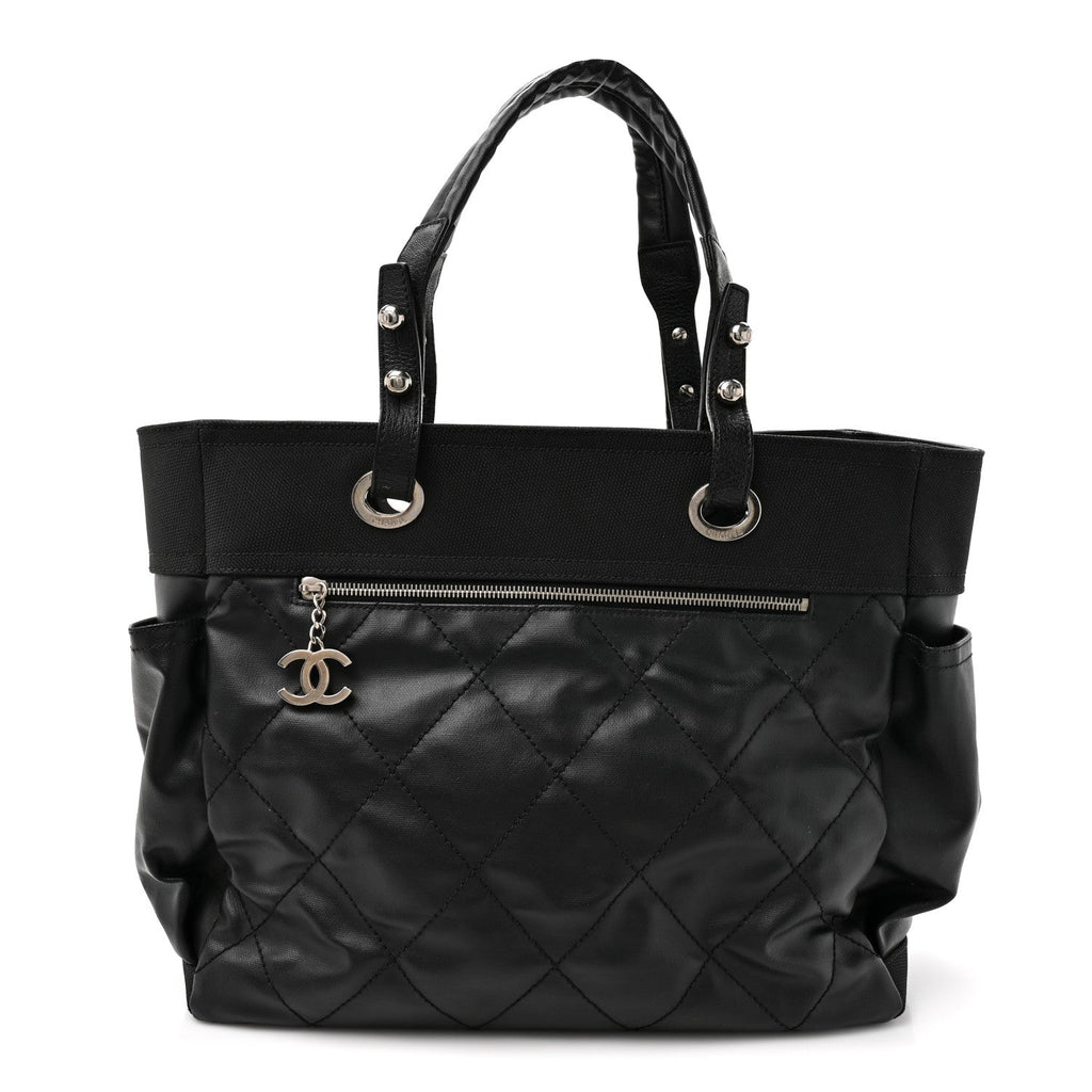 Chanel Coated Canvas Quilted Large Paris Biarritz Tote Black