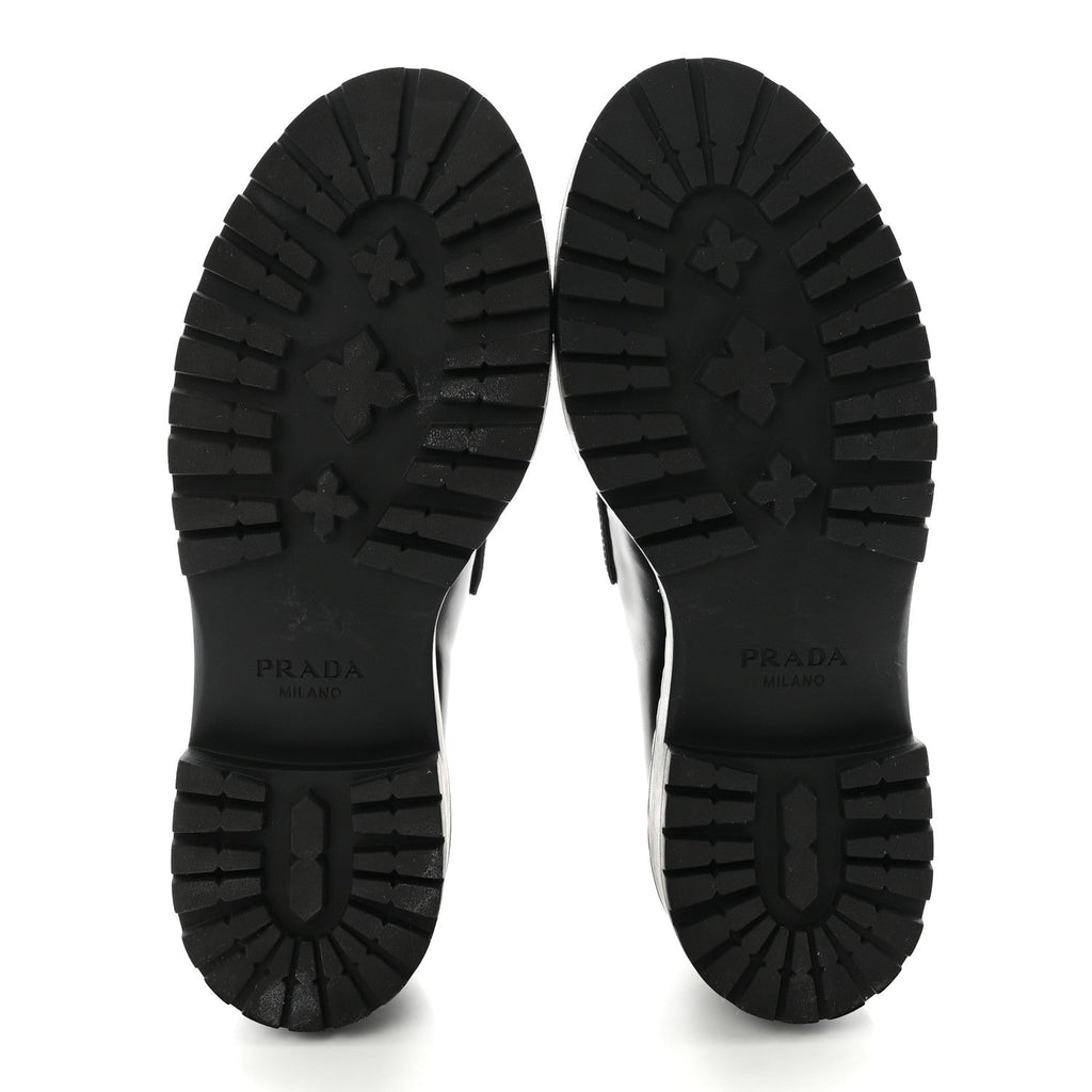 Prada Metal Triangle Logo Double Chocolate Loafers 38 Black