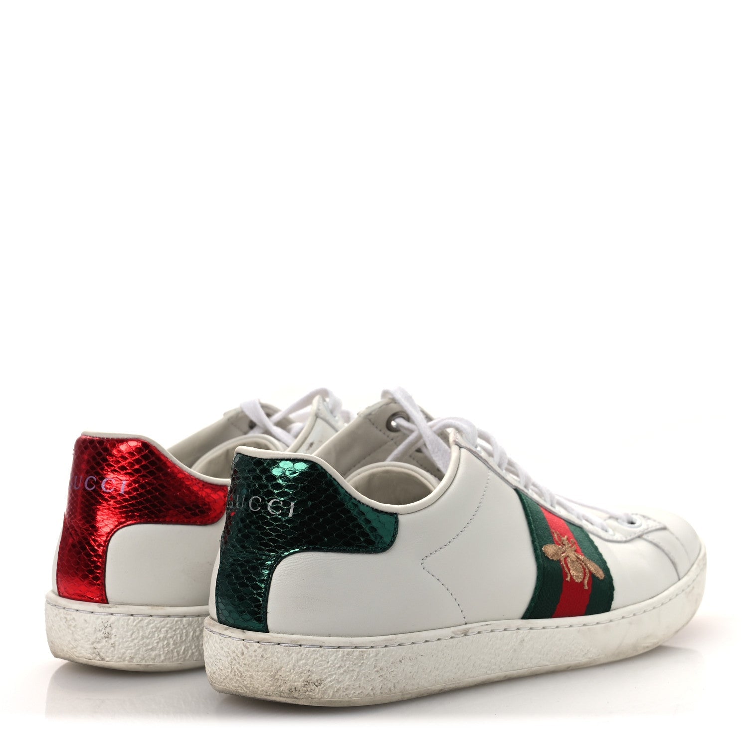 Gucci Calfskin Ayers Bee Embroidered Womens Ace Sneakers 36 White Green
