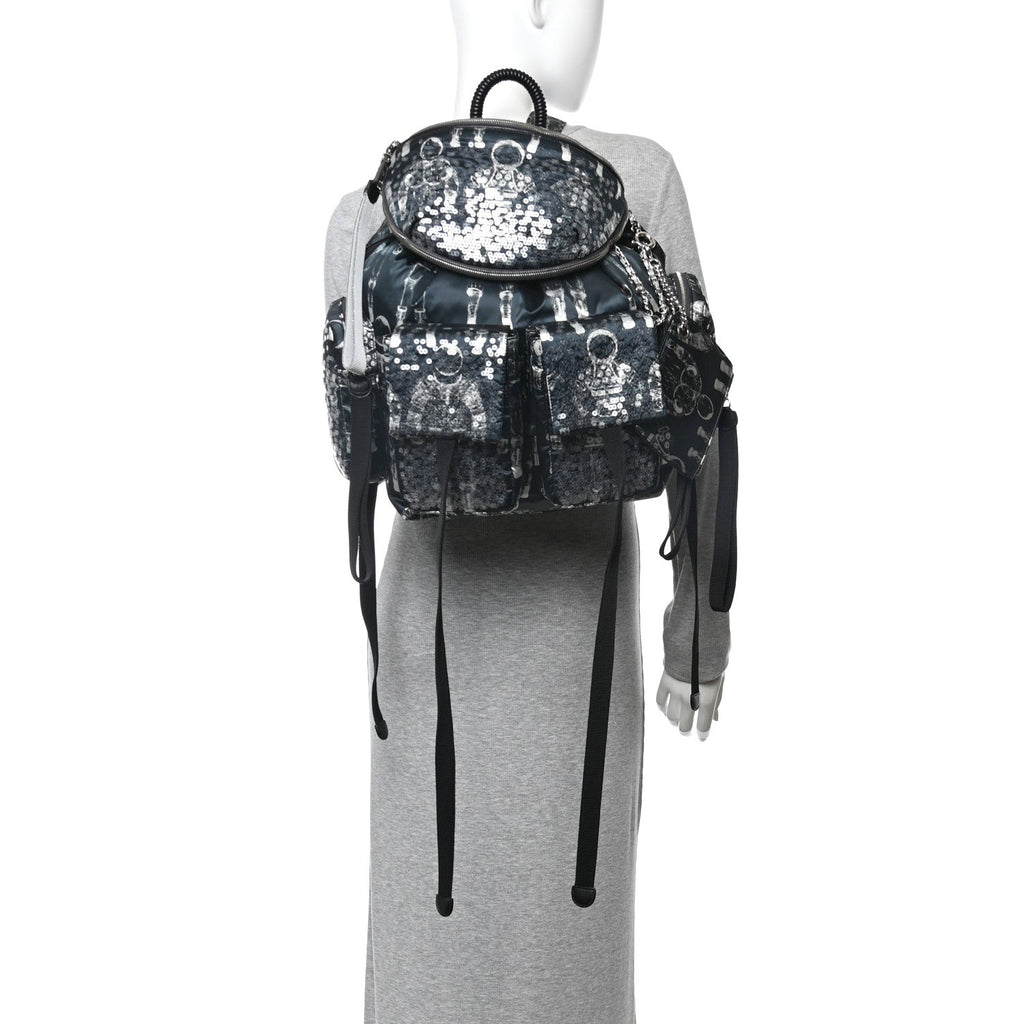 Chanel Sequin Nylon Lambskin Astronaut Essentials Backpack Black White