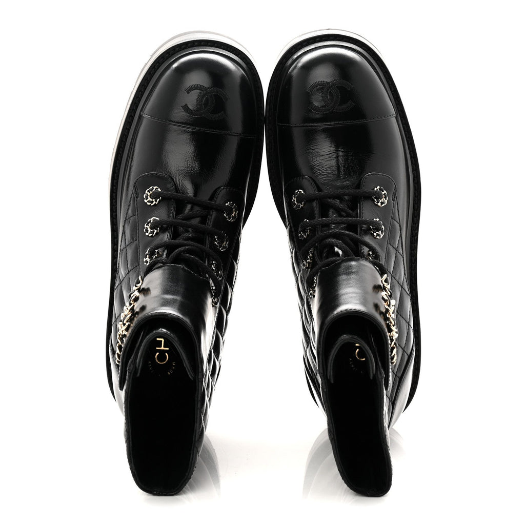 Chanel Shiny Calfskin Quilted Lace Up Combat Boots 39 Black