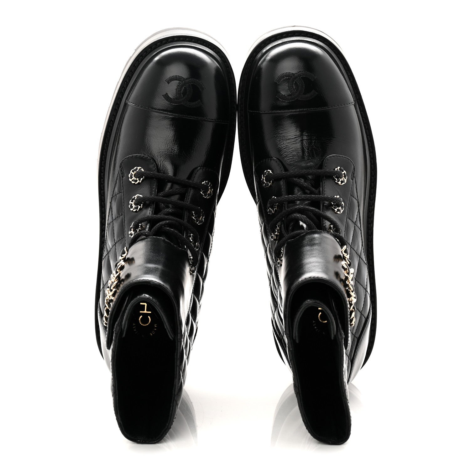 Chanel Shiny Calfskin Quilted Lace Up Combat Boots 39 Black