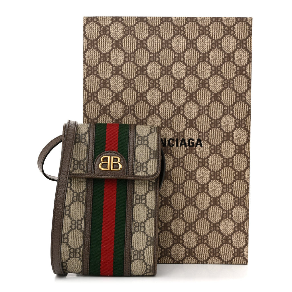 Gucci X BALENCIAGA BB Supreme Monogram Web Ophidia Phone Crossbody Bag Beige New Acero