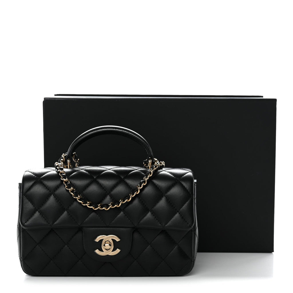 Chanel Lambskin Quilted Mini Top Handle Rectangular Flap Black