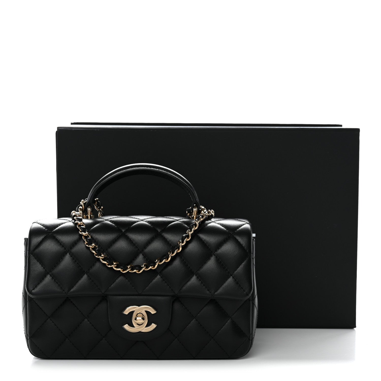 Chanel Lambskin Quilted Mini Top Handle Rectangular Flap Black