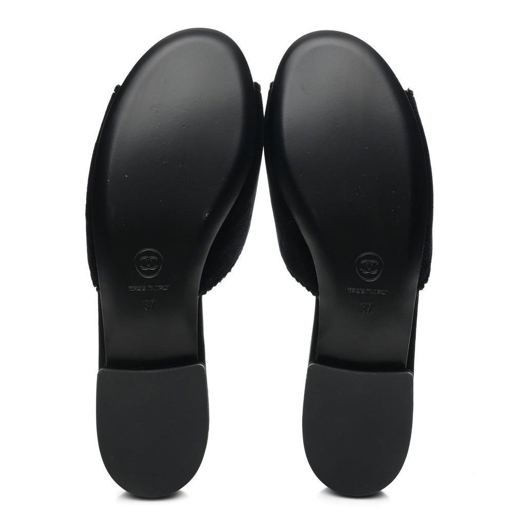 Chanel Velvet Pearl Camellia Slide Sandals 37 Black