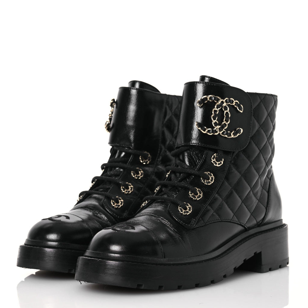 Chanel Shiny Calfskin Quilted Lace Up Combat Boots 37 Black