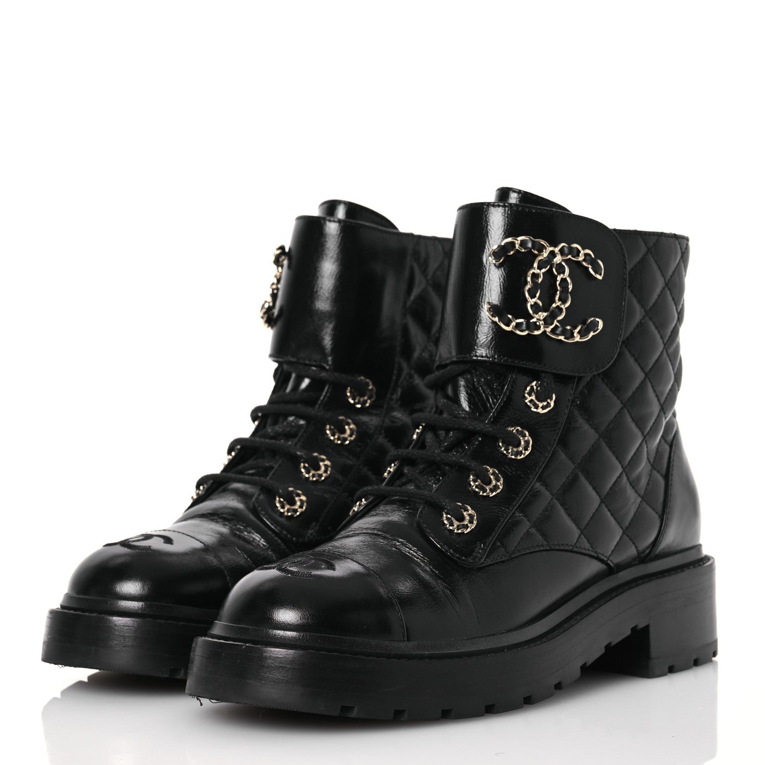 Chanel Shiny Calfskin Quilted Lace Up Combat Boots 37 Black