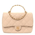 Chanel Lambskin Quilted Metal Enamel Chain Top Handle Square Flap Beige