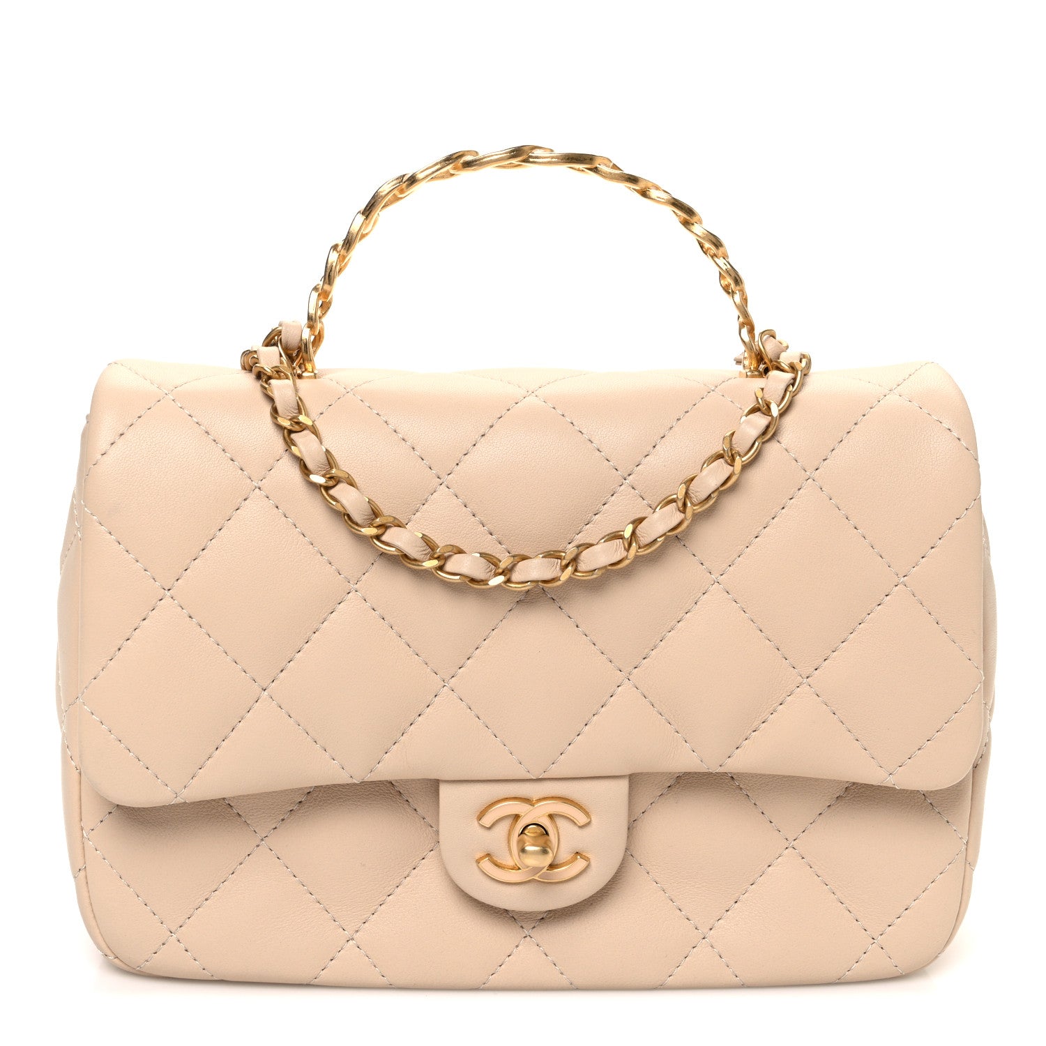 Chanel Lambskin Quilted Metal Enamel Chain Top Handle Square Flap Beige