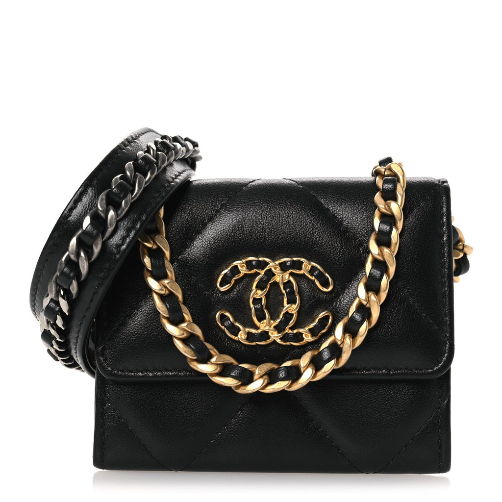 Chanel Lambskin Quilted Chanel 19 Flap Coin Purse With Chain Black