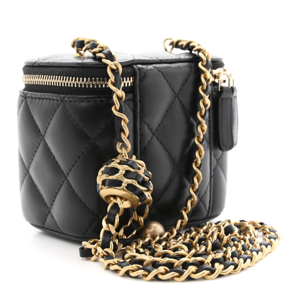 Chanel Lambskin Quilted Mini Pearl Crush Vanity Case With Chain Black