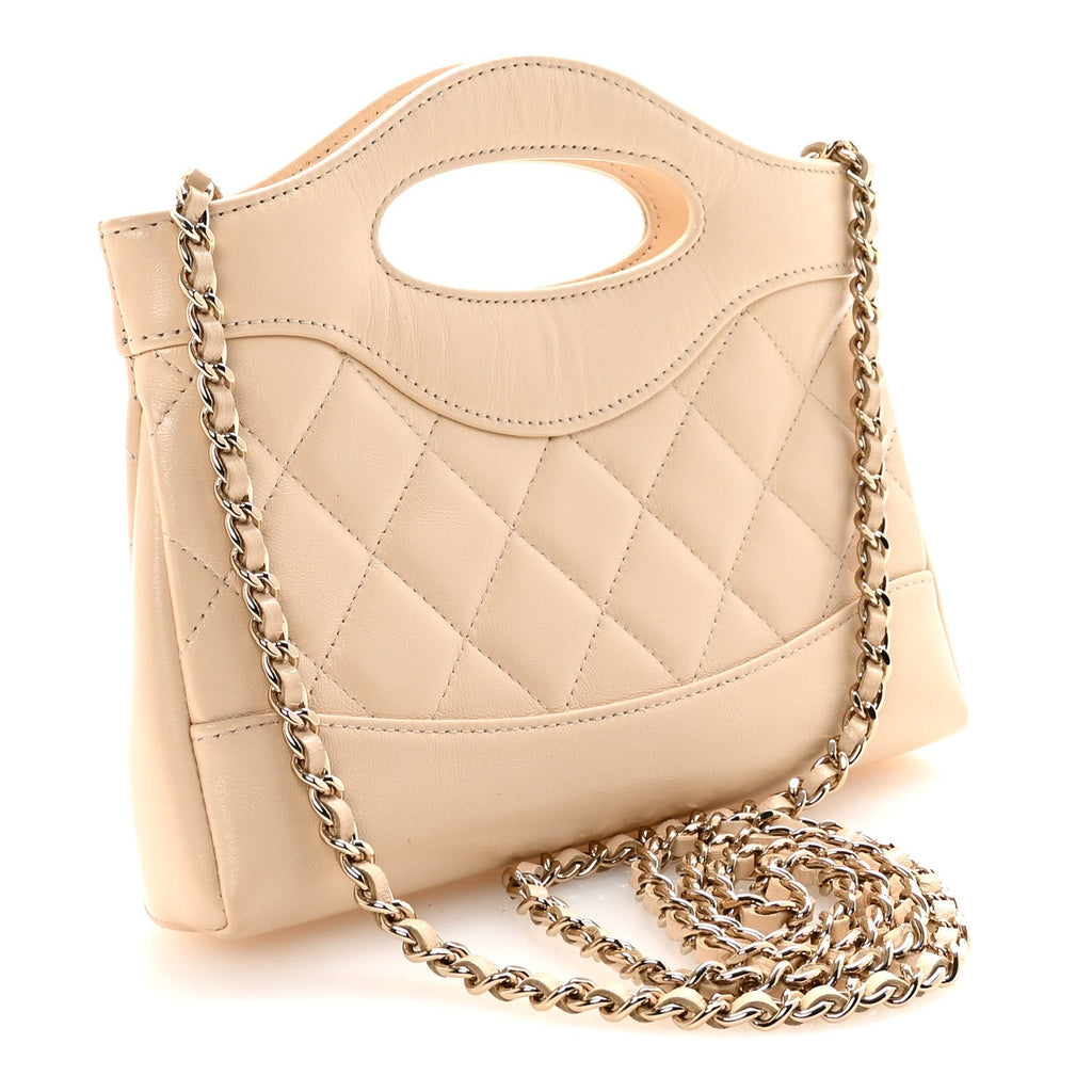 Chanel Shiny Crumpled Calfskin Quilted Nano 31 Shopping Bag Beige