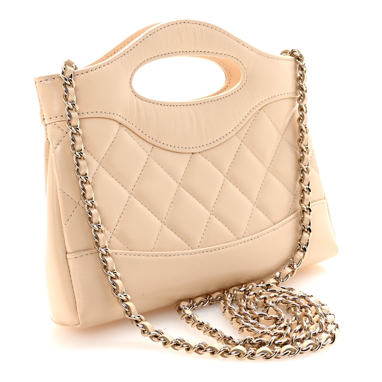 Chanel Shiny Crumpled Calfskin Quilted Nano 31 Shopping Bag Beige