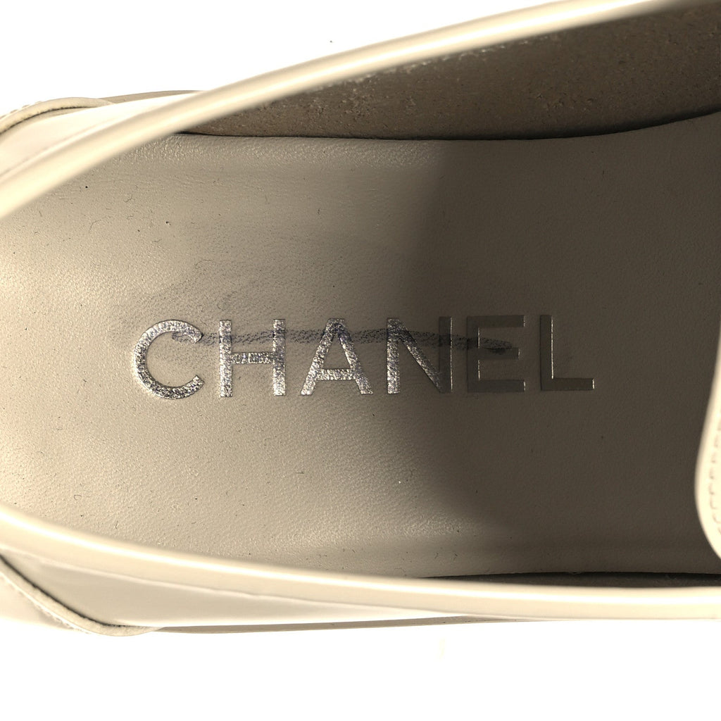 Chanel Shiny Calfskin Logo Loafers 38.5 Beige