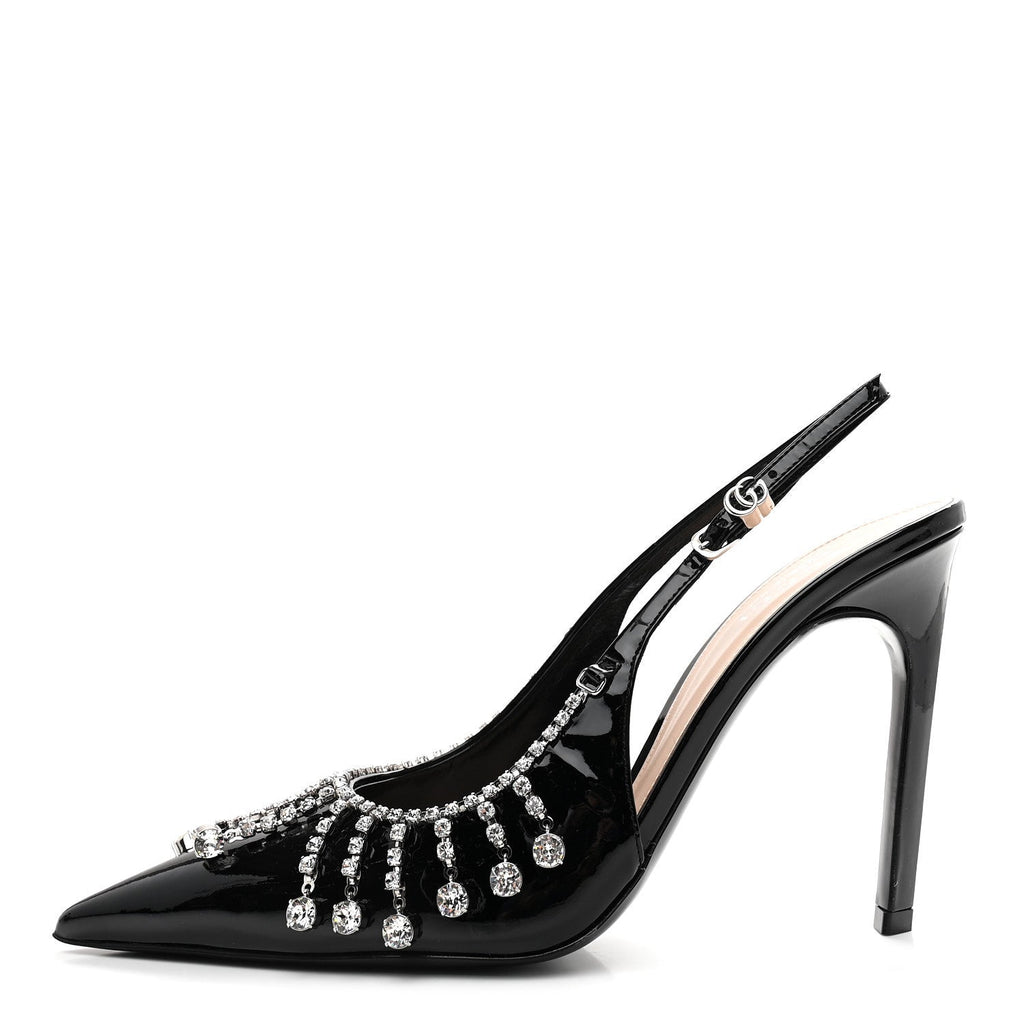 Gucci Vernice Crystal Embellished Guinevere Slingback Pumps 37 Black