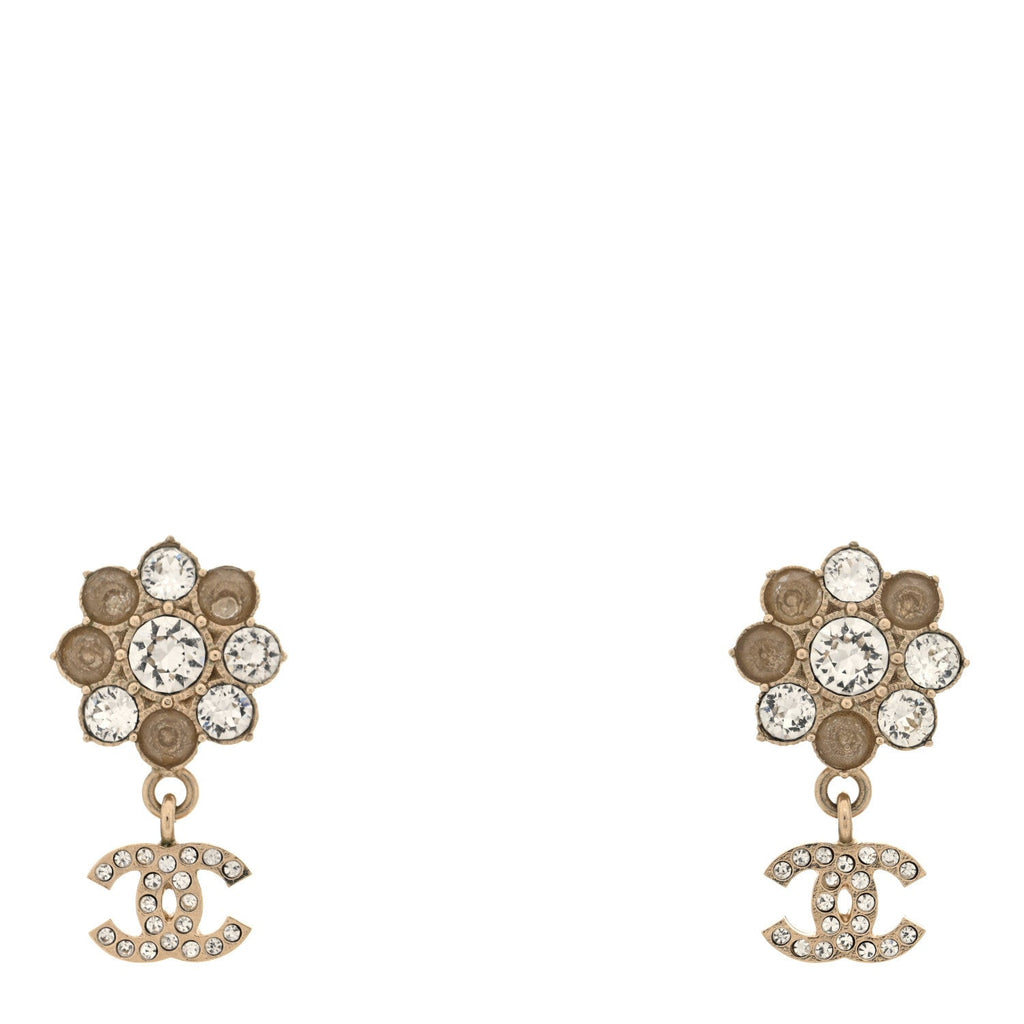 Crystal CC Flower Dangle Earrings Gold Beige