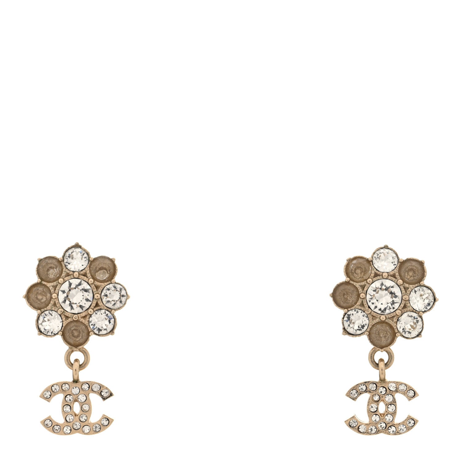 Crystal CC Flower Dangle Earrings Gold Beige