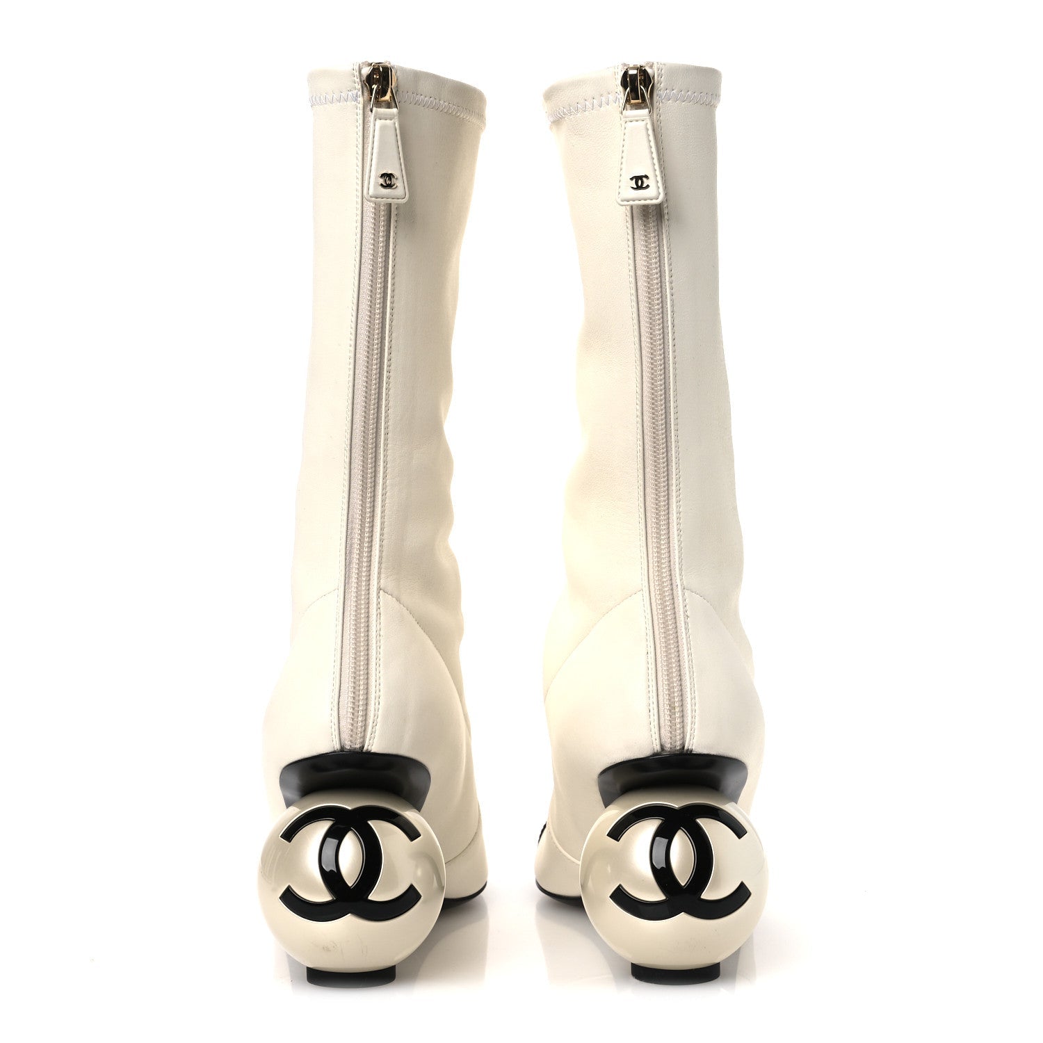 Chanel Stretch Lambskin Patent Cap Toe Pearl Ball Mid Calf Boots 39 White Black
